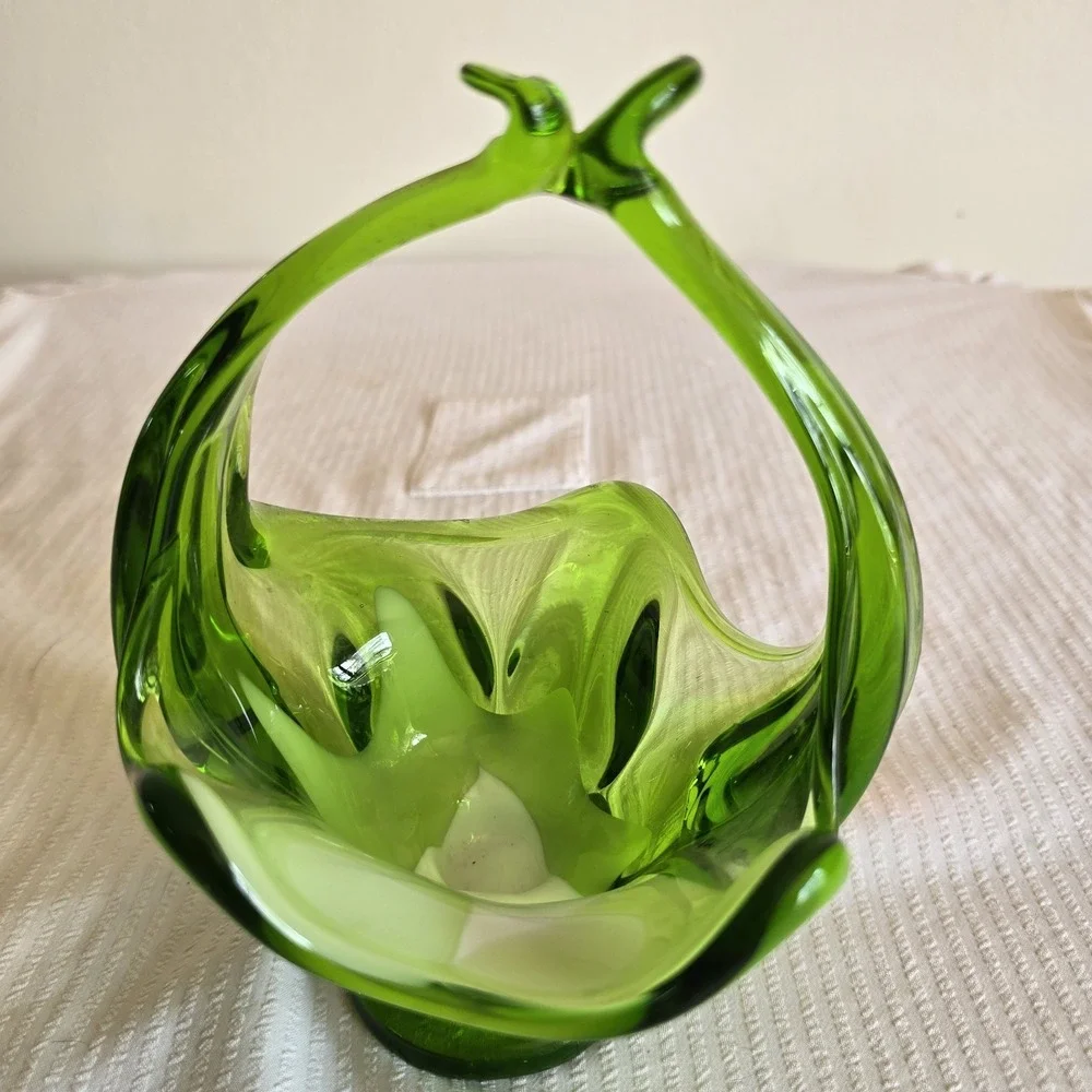 MCM 1960 Emerald Green and White Handblown Glass Basket Candy Dish Bohemian Form